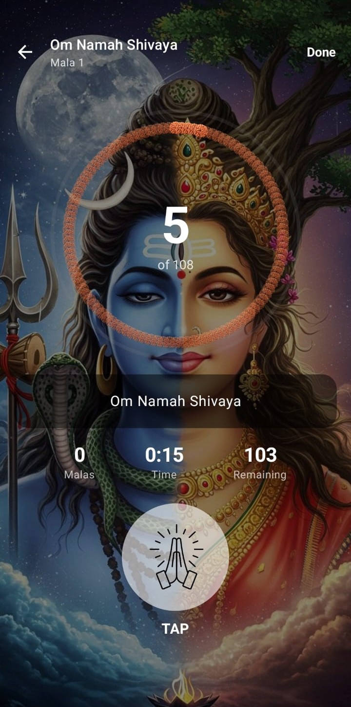 Naam Jap App - Mantra Mala Counter screen showing Om Namah Shivaya with Lord Shiva background and 108 bead counter